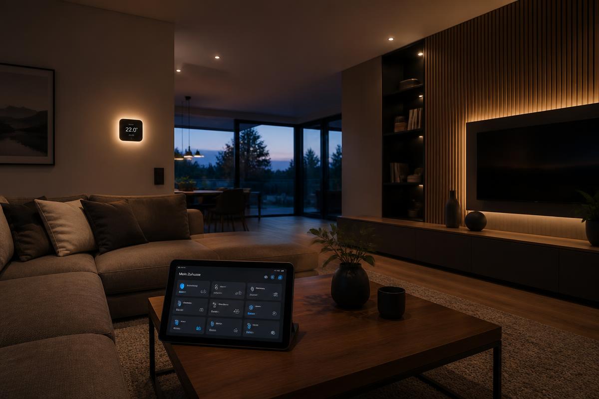 Modernes Smart Home Wohnzimmer mit Tablet-Steuerung